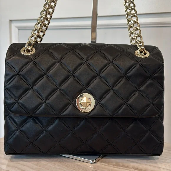 Kate Spade Bag Black Quilted Vegan Leather Gold Chain Shoulder / Crossbody - Picture 5 of 17